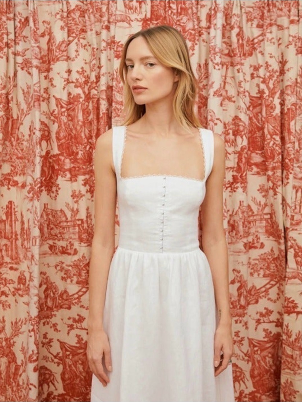 Reformation White Square-Neck Midi Dress with Button Front - Picture 3 of 11